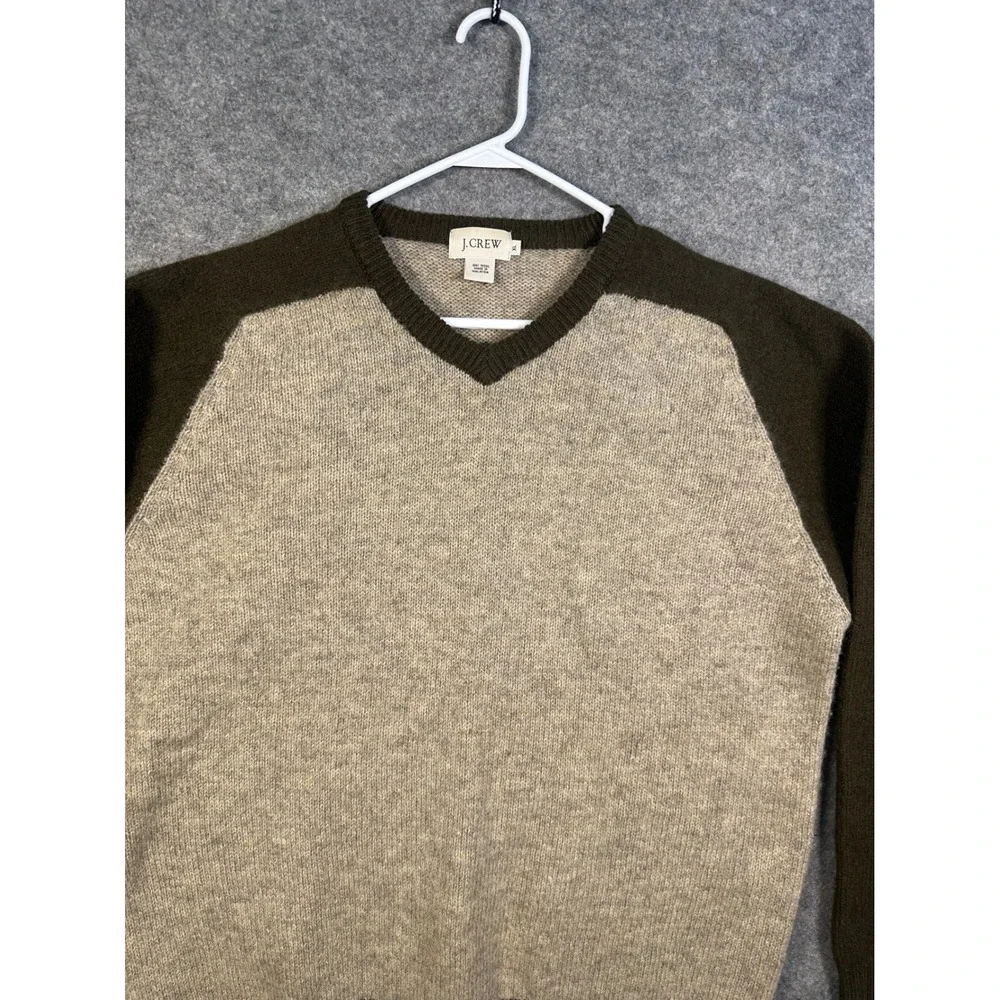 J.Crew Mens 100% Wool V-Neck‎ Sweater XL Colorblock Green Tan Raglan Sleeve
